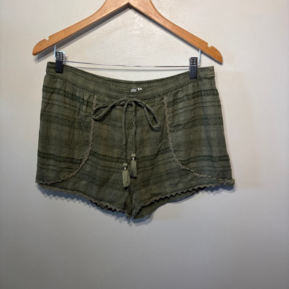 American Eagle Shorts Olive Green Striped Tassel Tie Knit Comfy Casual Pull On S